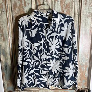 Craig Taylor Blue & White Tropical Print Cotton/Silk Long Sleeve Button Down XL